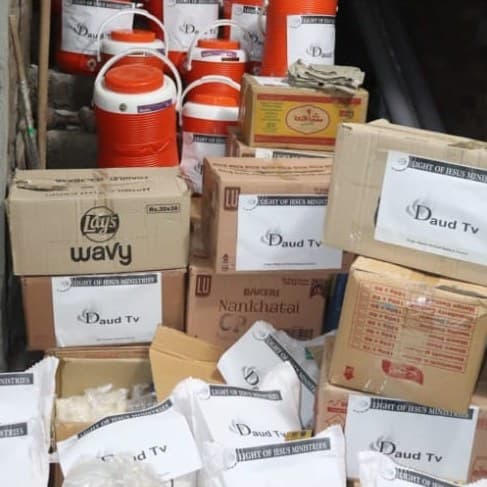 Boxes of food and water coolers ready to go out